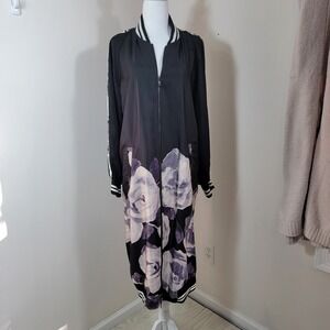 Rachel Roy Duster Jacket Womens S Black Dark Floral Bomber Style Coat Athleisure